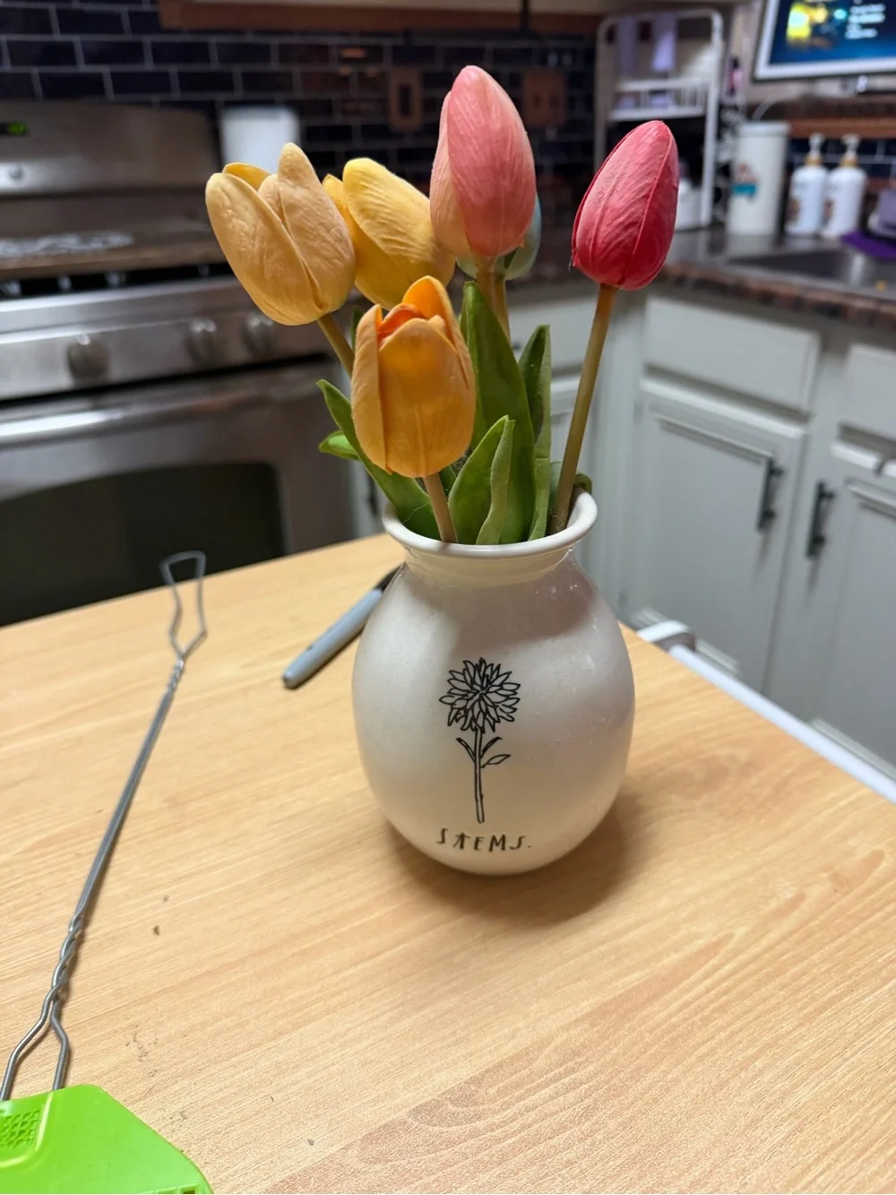 Ceramic Flower Vase with Yellow & Pink Tulips